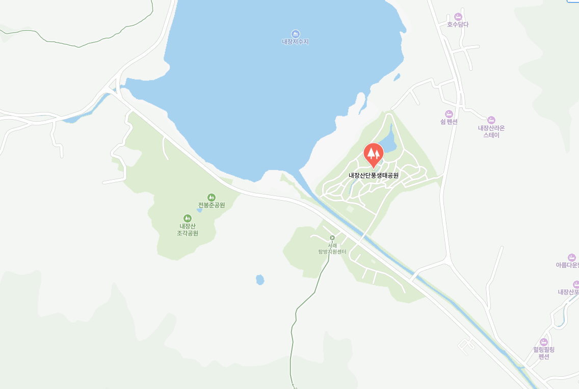 내장저수지 남동쪽에 표시된 정읍시 내장산 단풍생태공원 행사장 위치 지도